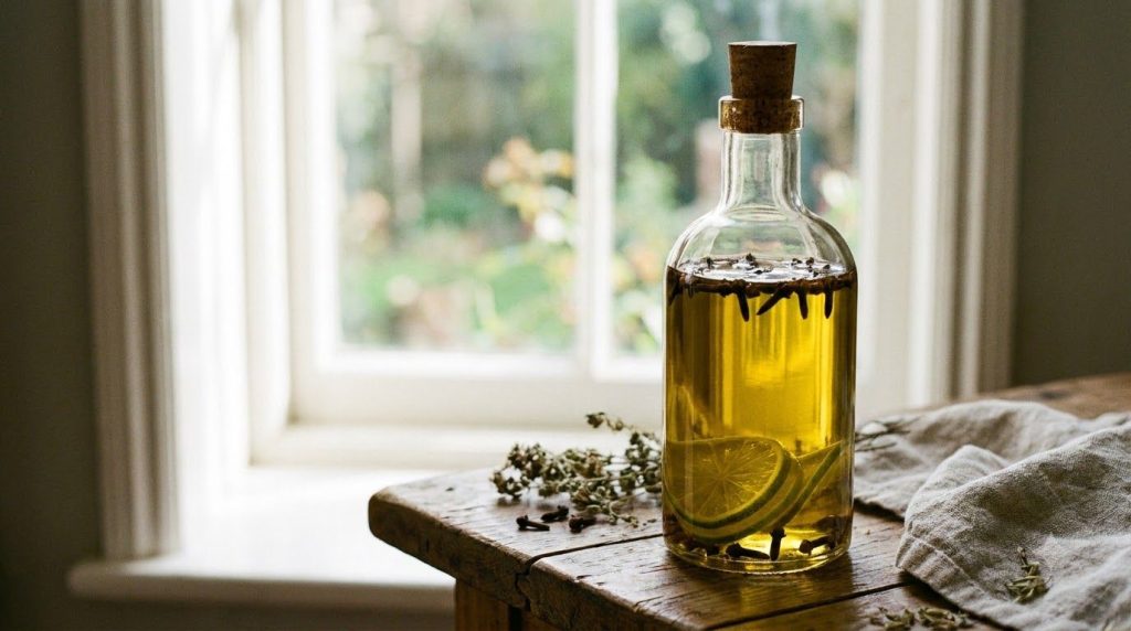 A close-up of a glass bottle containing golden oil infused with cloves and sliced limes with light streaming from a wind
