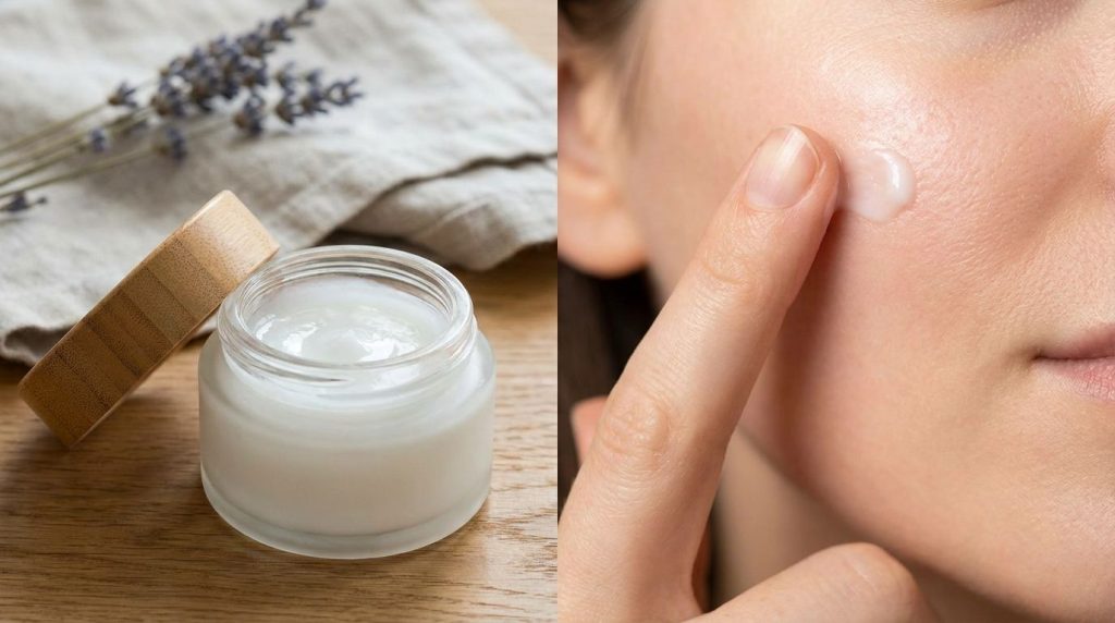 A small glass jar filled with a creamy white homemade gel with a finger gently dabbing some onto clean skin illustrating