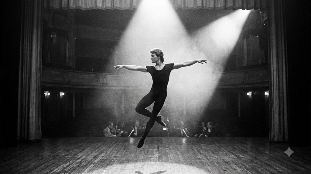 A young Patrick Swayze in a dance pose or practicing ballet showing his early career as a dancer