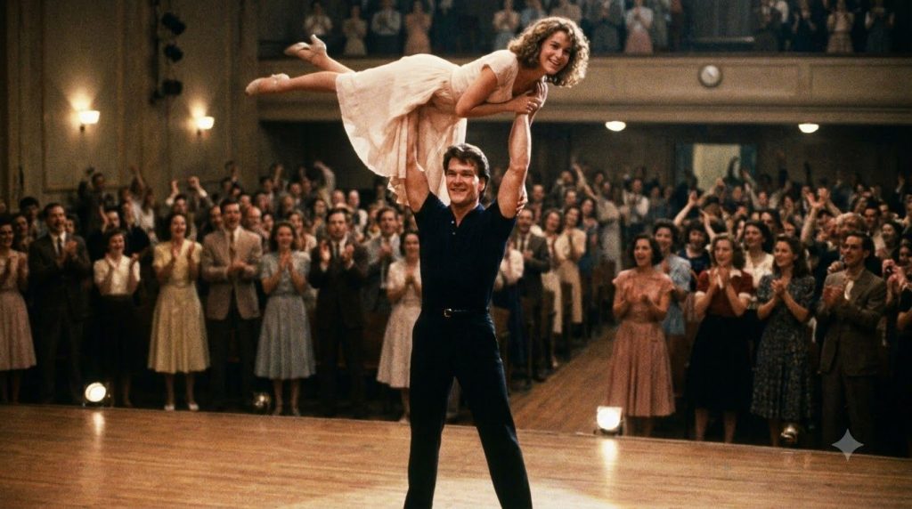 Patrick Swayze and Jennifer Grey performing the iconic lift from Dirty Dancing