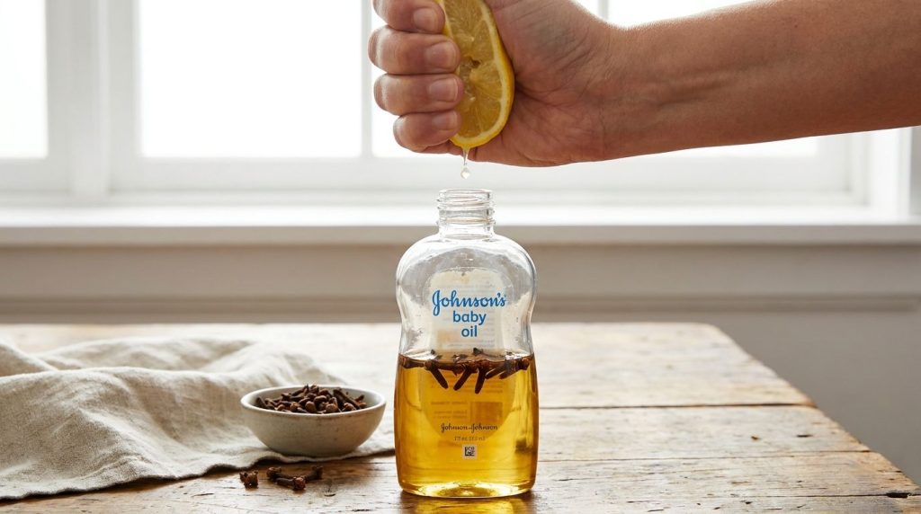 A hand squeezing fresh lemon juice into a small bottle of Johnson s baby oil containing cloves