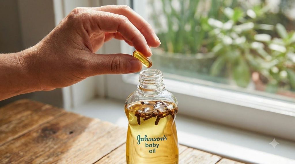 A hand dropping a clear vitamin E capsule into a small bottle of Johnson s baby oil which also contains cloves