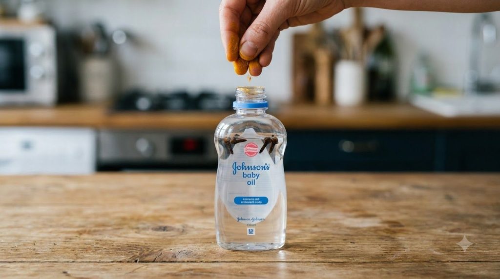 A hand sprinkling bright yellow turmeric powder into a small bottle of Johnson s baby oil containing cloves