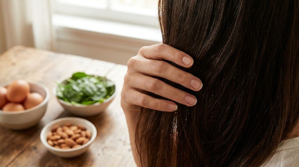 A close-up of healthy hair and nails alongside a small bowl of nutrient-rich foods like eggs spinach and nuts representi