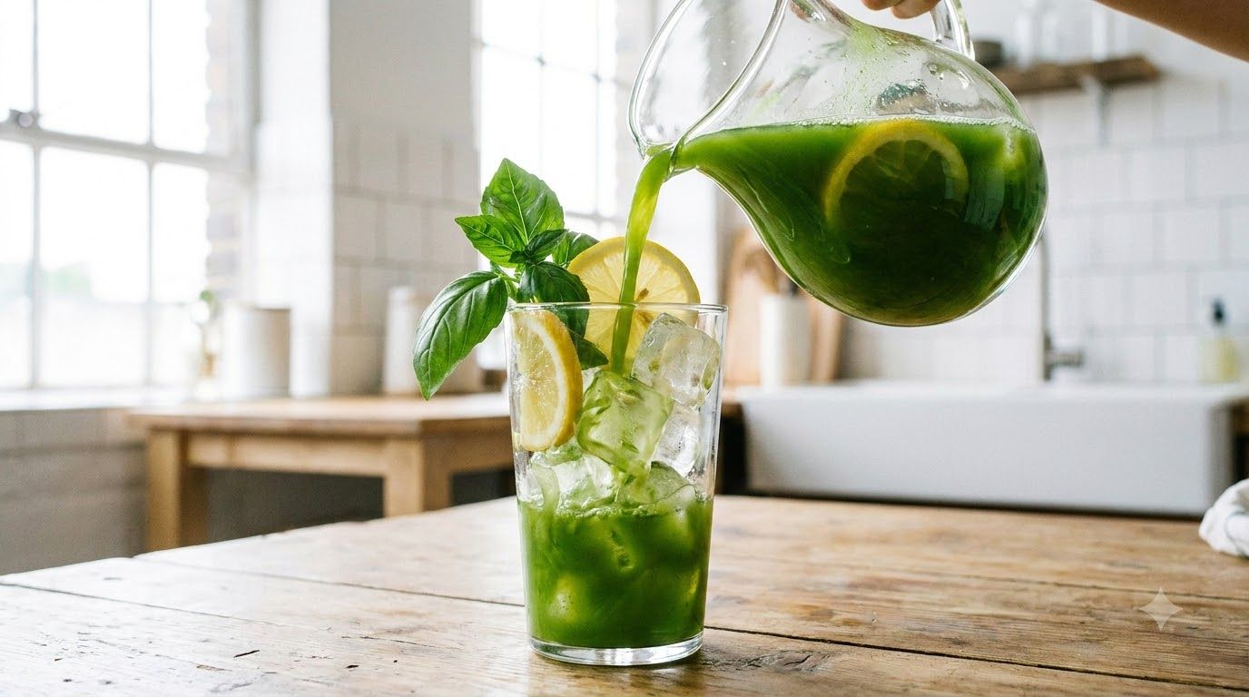 Pouring a vibrant green lemon basil detox drink into a glass filled with ice garnished with lemon slices and basil