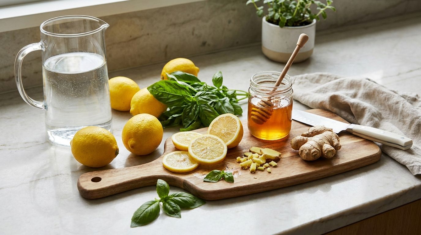 All ingredients for the lemon basil detox drink laid out on a clean kitchen counter filtered water fresh lemons basil le