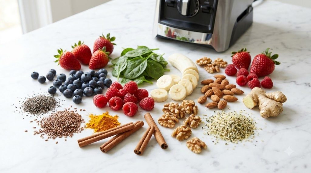 A variety of colorful smoothie ingredients spread out on a white surface including different fruits nuts seeds and spice