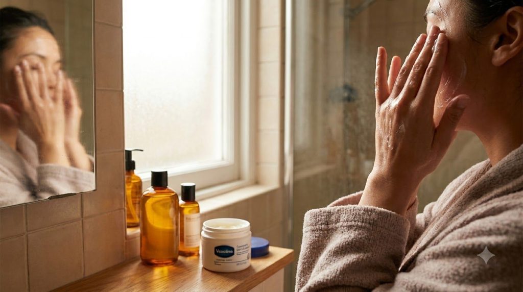 A person s hands gently massaging the Vaseline and baby oil mixture onto their clean face focusing on the cheeks and for