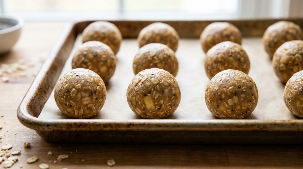 Close-up of several finished homemade peanut butter banana energy balls arranged neatly on a baking sheet lined with par