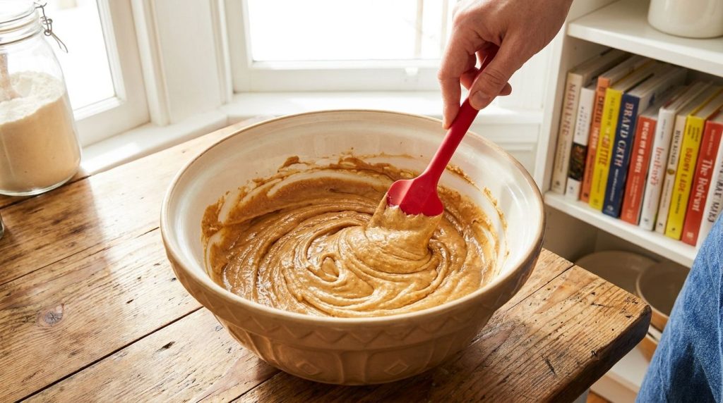 A large mixing bowl containing a creamy mixture of peanut butter honey mashed banana and vanilla extract being stirred w