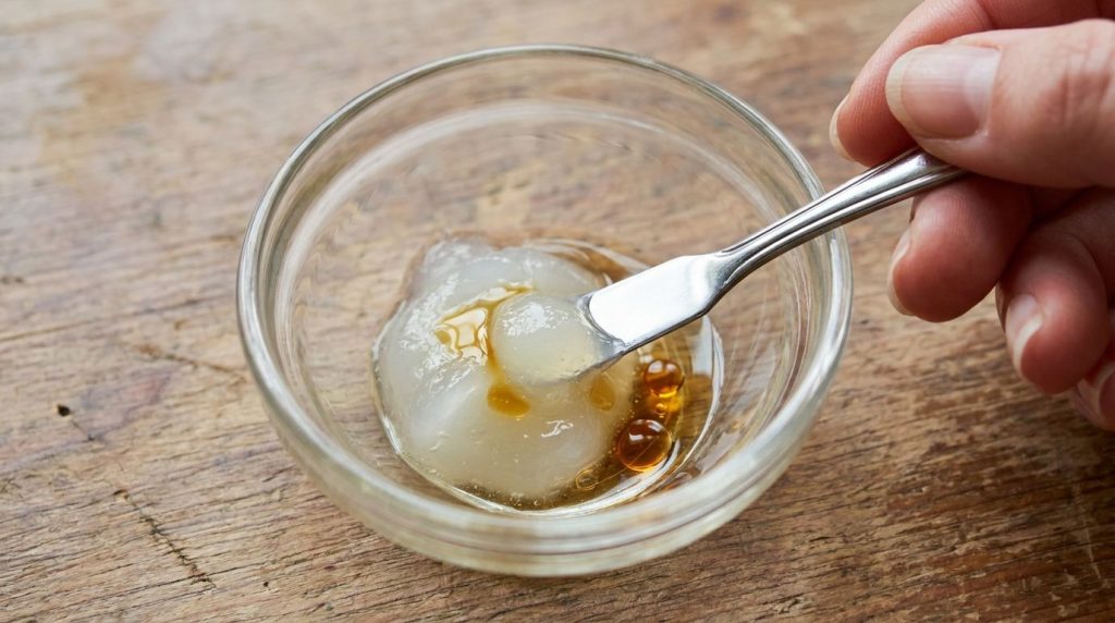 Close-up of a small glass bowl with petroleum jelly and a few drops of facial oil being mixed with a tiny spatula