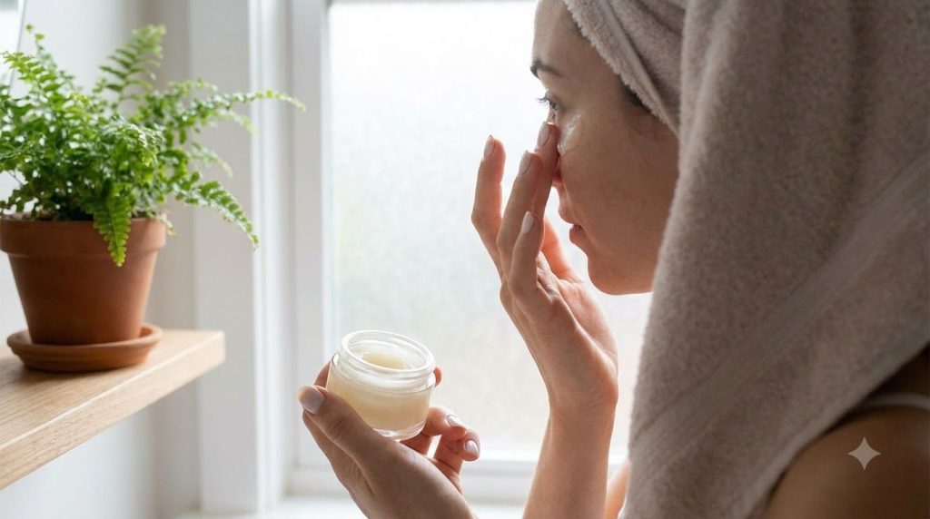 A woman gently massaging the petroleum jelly and oil blend onto her forehead or under-eye area with her fingertips