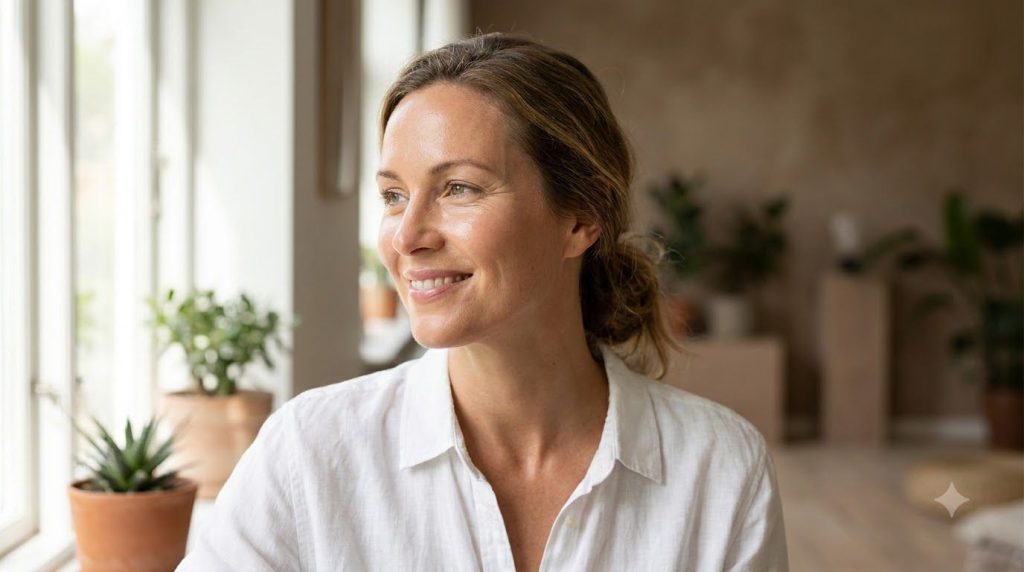 A woman smiling with clear glowing skin after using a face mask with a hint of natural morning light