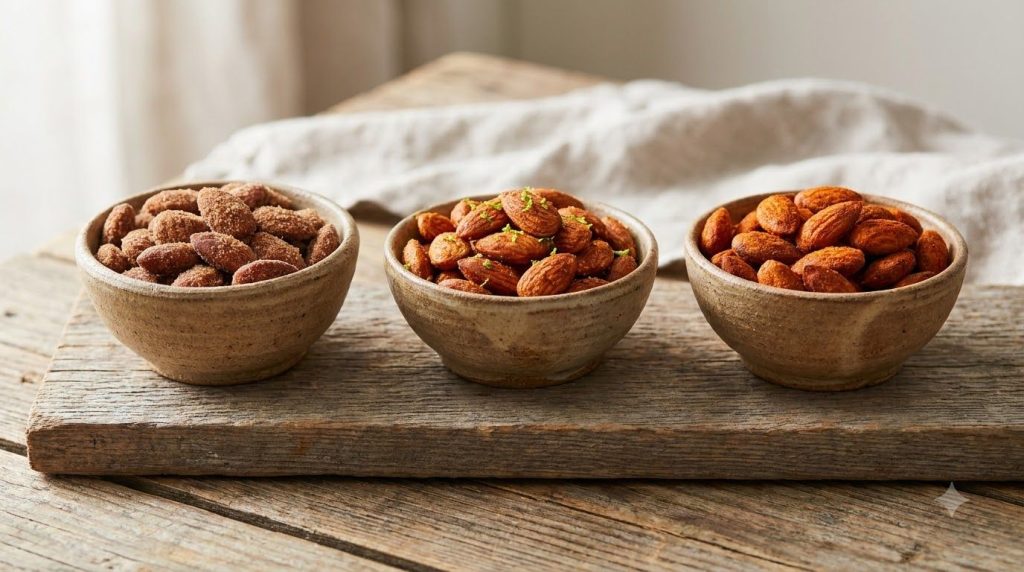 A variety of small bowls containing different flavored almonds one with cinnamon one with chili-lime and one with smoked