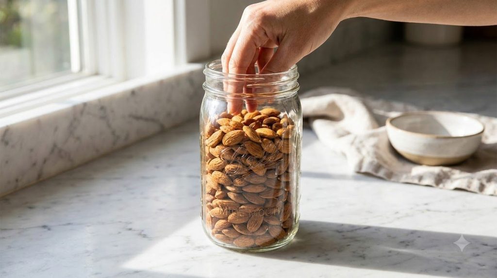 A hand reaching into a clear glass jar filled with almonds on a kitchen counter ready for a snack