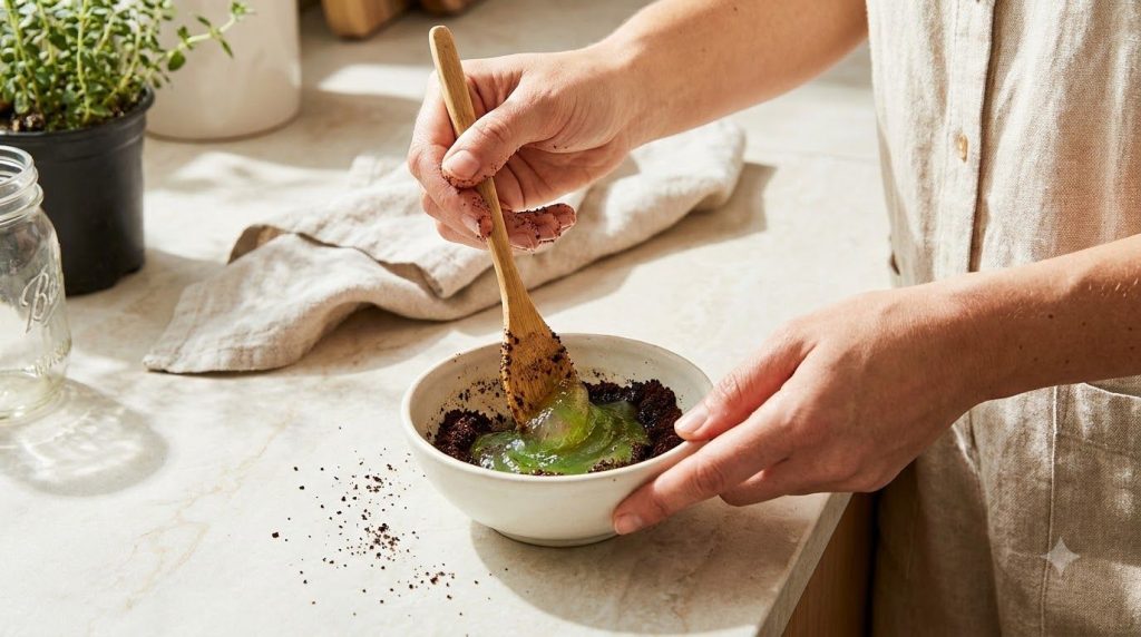 Hands mixing aloe vera gel and coffee grounds in a bowl to form a face mask