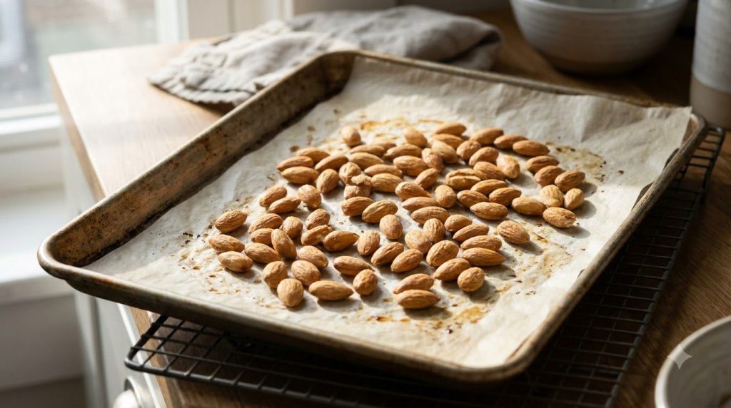Roasted almonds spread on a baking sheet cooling after being removed from the oven