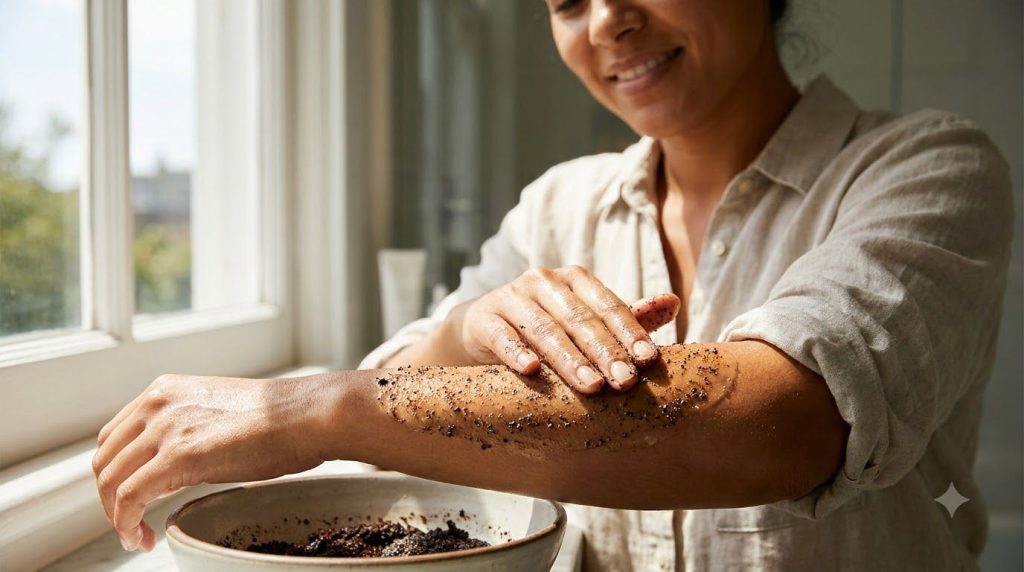 A woman gently massaging a coffee and Vaseline scrub onto her arm demonstrating the application of the homemade beauty t