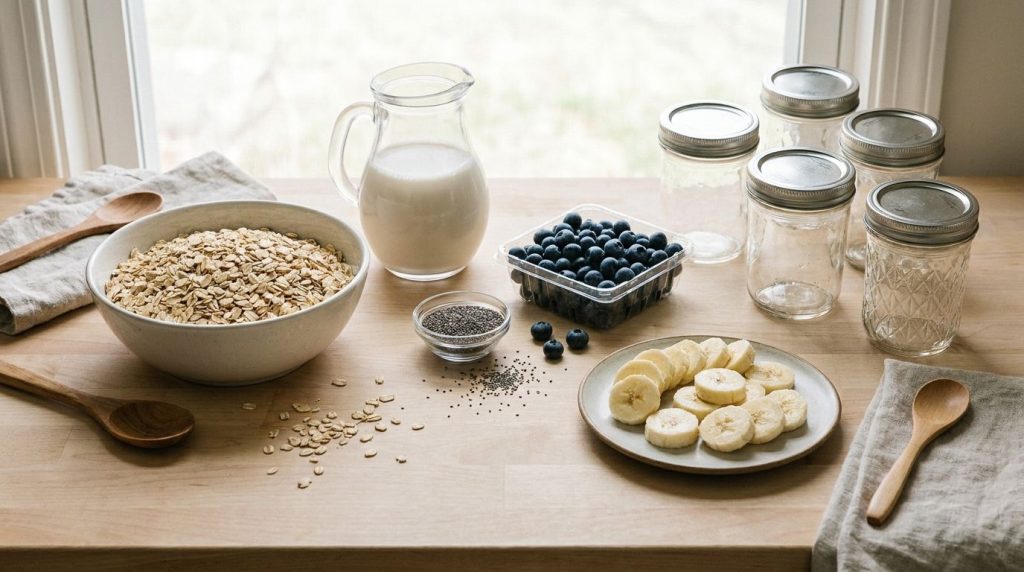 Various ingredients for overnight oats laid out on a clean kitchen counter rolled oats different types of milk fresh fru