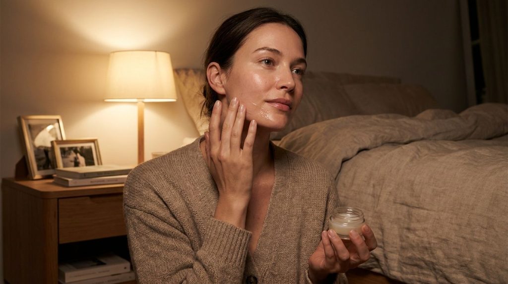 A woman gently massaging the Vaseline and baby oil blend onto her face at night with soft warm lighting in a bedroom