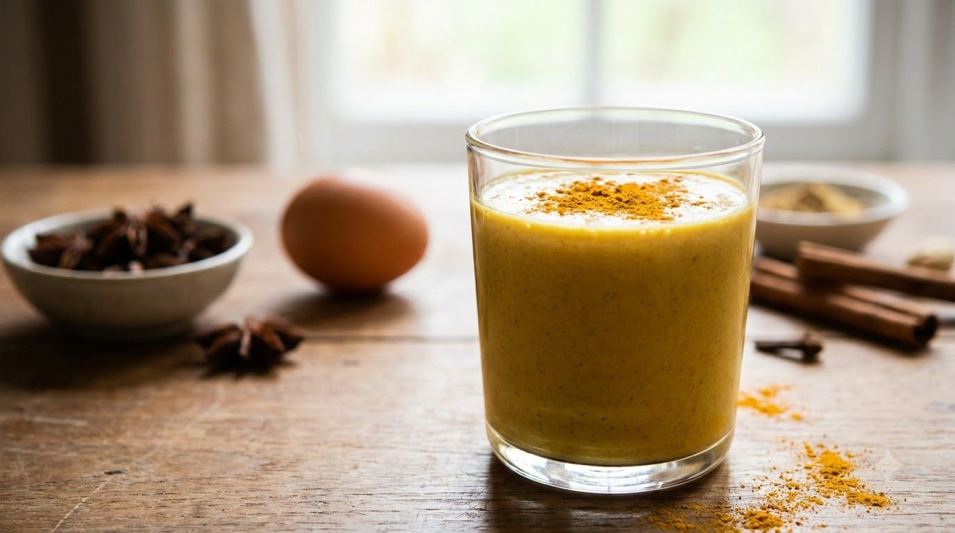 A vibrant yellow golden start protein drink in a glass garnished with a sprinkle of turmeric with fresh ingredients like