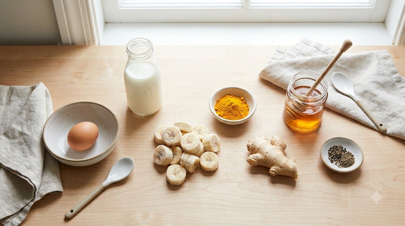 A visually appealing flat lay of all the ingredients for the golden start protein drink arranged neatly on a kitchen cou