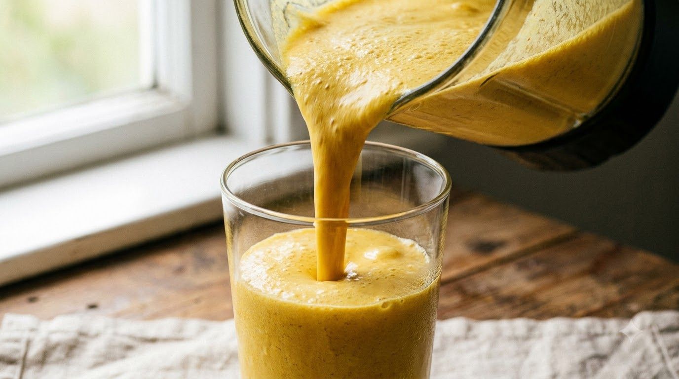 A close-up of the smooth frothy texture of the golden start protein drink being poured into a glass