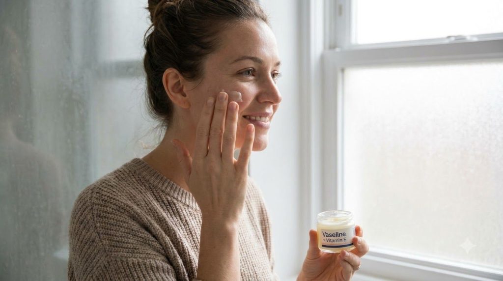 A woman gently applying a mixture of Vaseline and Vitamin E to her clean face as part of her nighttime skincare routine
