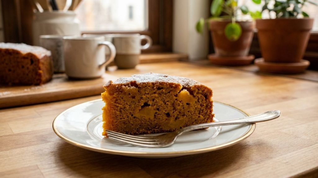 Una porción individual del pastel de mango y batata sobre un plato con un tenedor La porción muestra su textura húmeda y