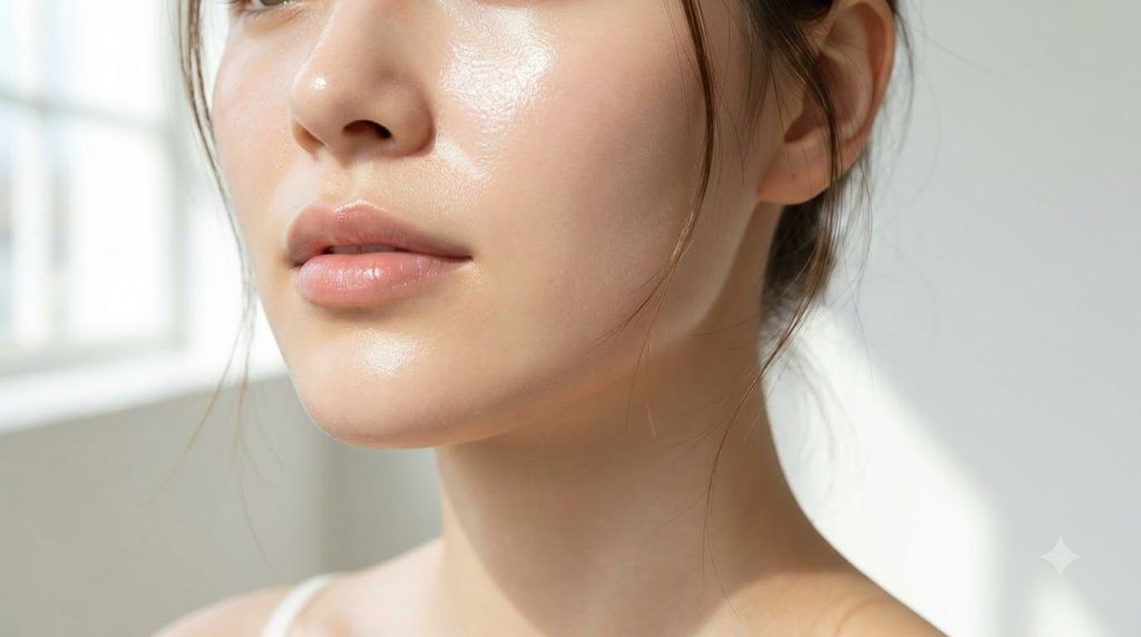 A close-up of a woman s face with radiant smooth and hydrated glass skin effect softly glowing in natural light
