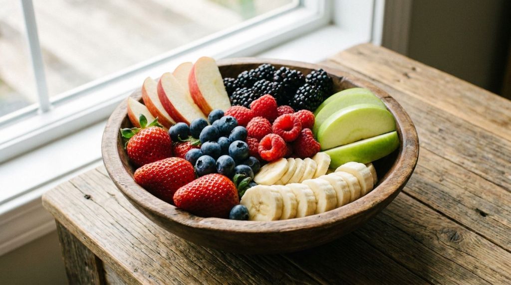 A colorful assortment of fresh fruits like berries bananas and apples in a bowl