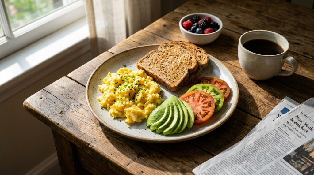 A healthy breakfast featuring eggs toast and vegetables on a bright morning table