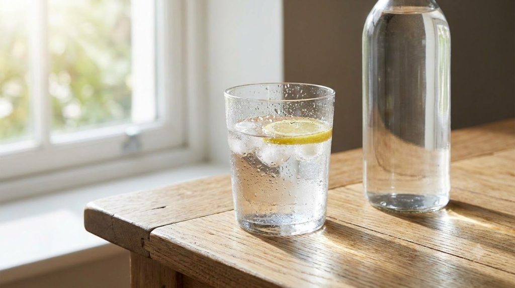 A glass of water next to a water bottle on a table emphasizing hydration