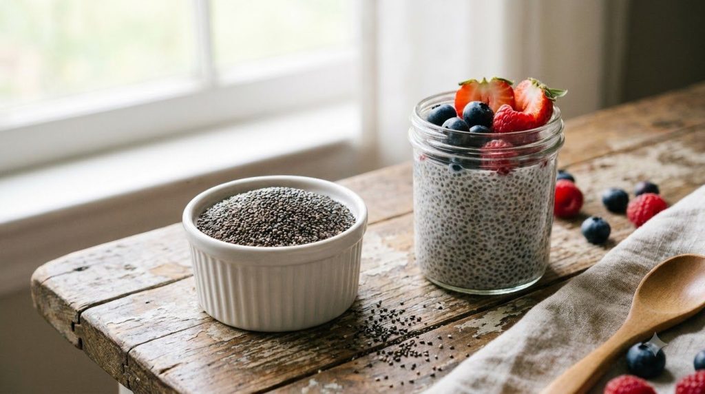 A bowl of chia seeds next to a spoonful of chia pudding illustrating their use