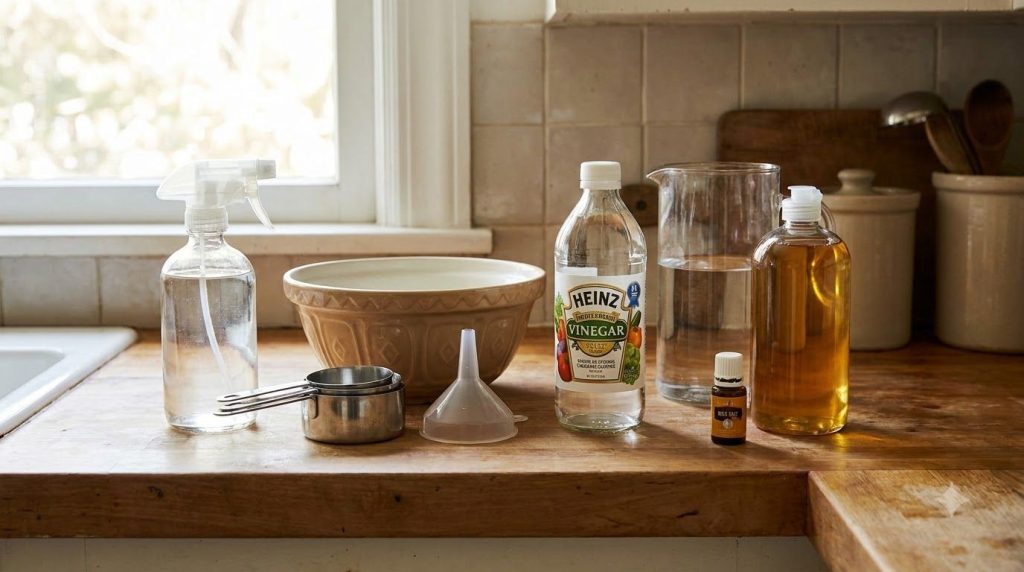 All ingredients and equipment laid out on a clean counter ready for making DIY cleaner