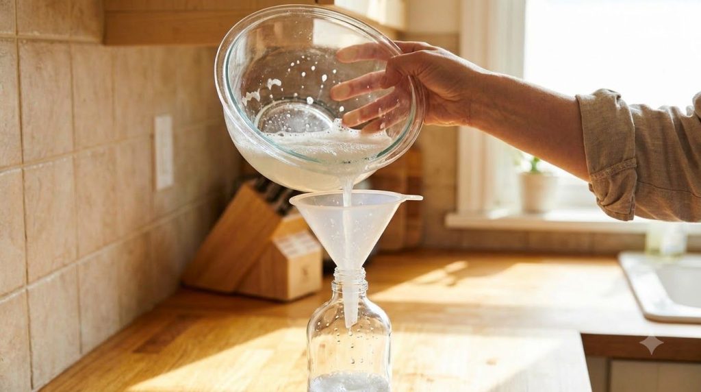 A person s hand pouring the mixed cleaning solution from a bowl into a spray bottle using a funnel