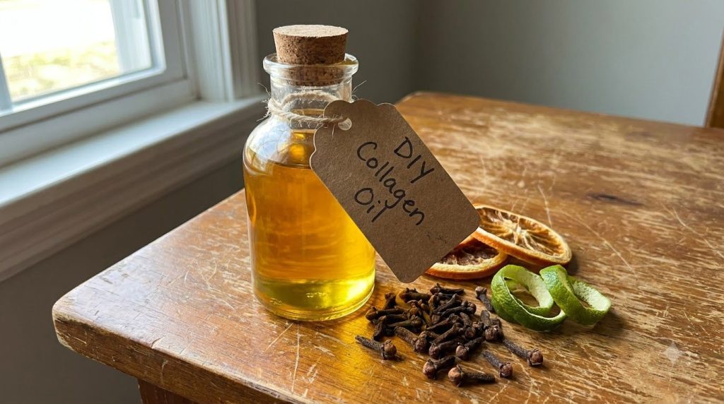 A small clear glass bottle filled with a golden-hued infused oil labeled DIY Collagen Oil on a wooden surface with a few