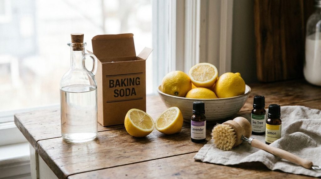 A collection of natural cleaning ingredients like white vinegar baking soda lemons and essential oils on a kitchen count
