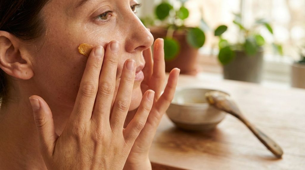 A woman s hands gently applying a thin layer of the yellow turmeric and Vaseline mixture to her cheek showing smooth glo