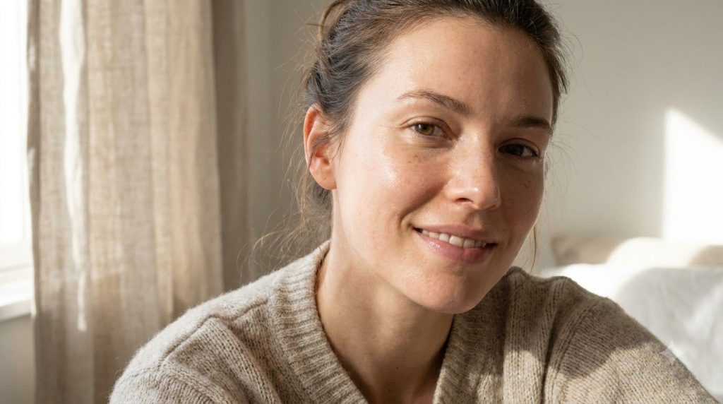 A close-up of a woman s face in the morning showing clear glowing skin with a fresh rested look