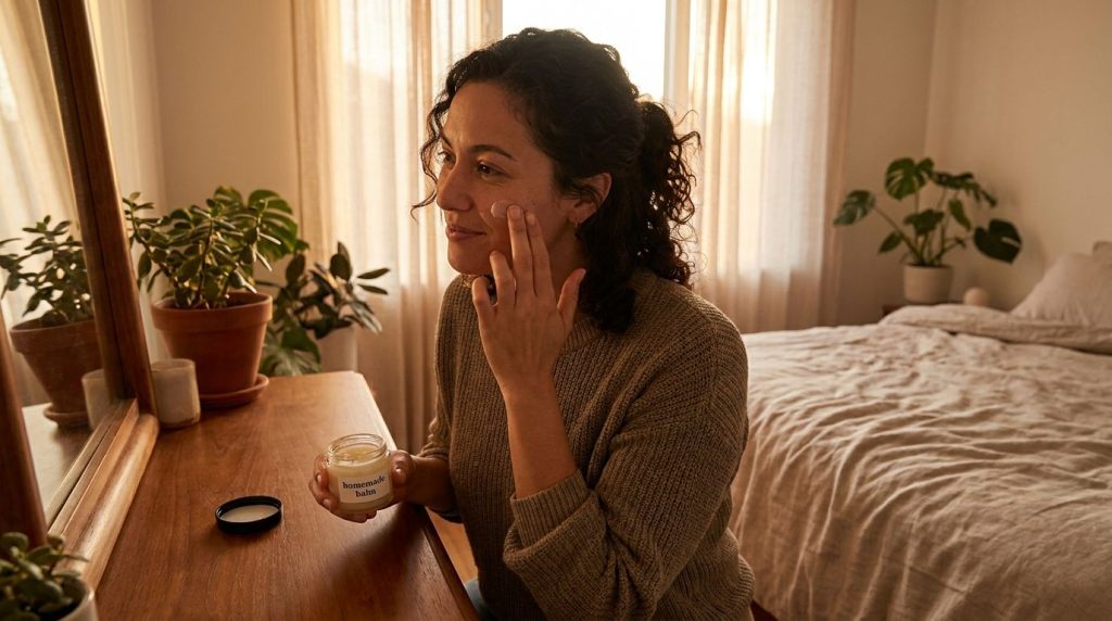 A woman gently applying a small amount of the Vaseline and baby oil mixture to her clean face before bed in a soft diffu