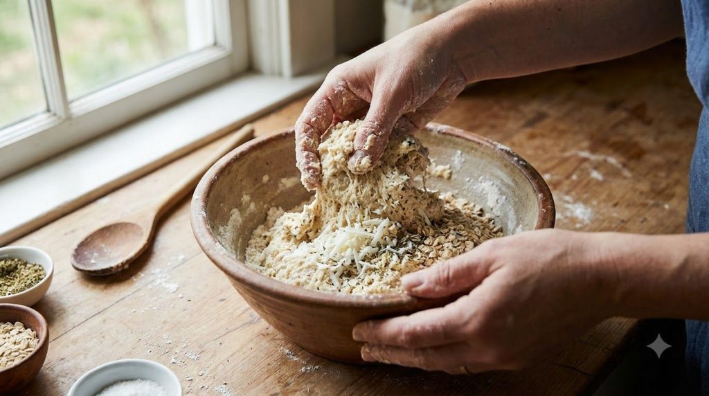 Close-up of hands kneading a mixture of grated soap baking soda dish soap and toothpaste in a bowl forming a dough-like 