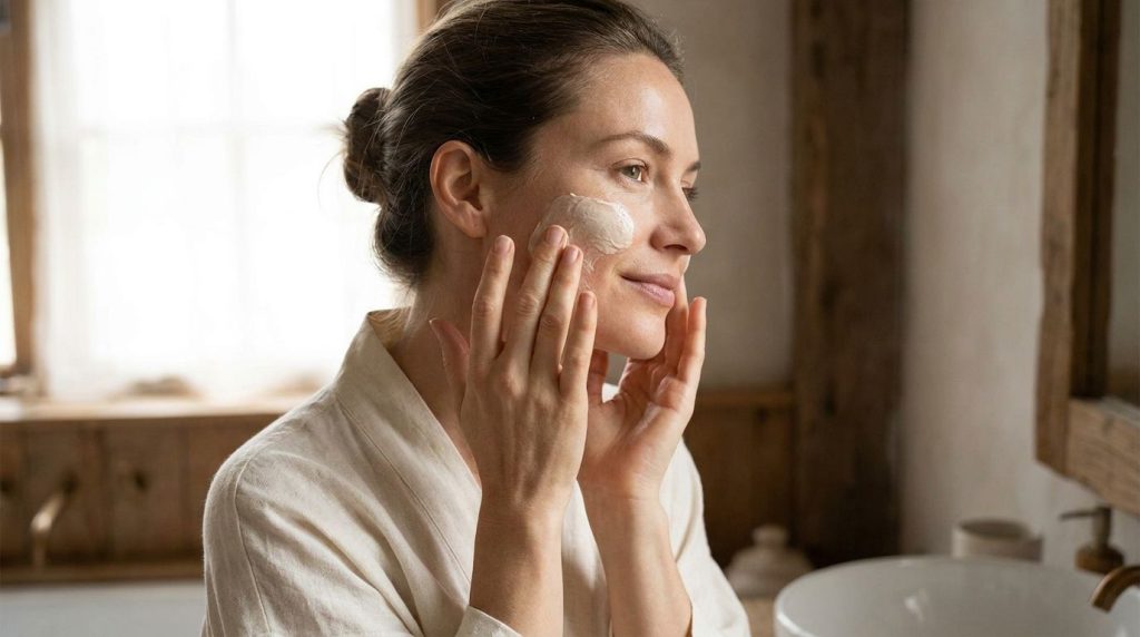 A woman gently massaging a creamy white blend onto her clean face with a serene expression in a well-lit bathroom settin