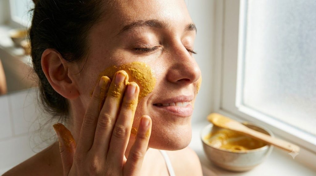 A woman gently applying a homemade yellow face mask to her cheek her skin looking soft and radiant with a subtle glow in