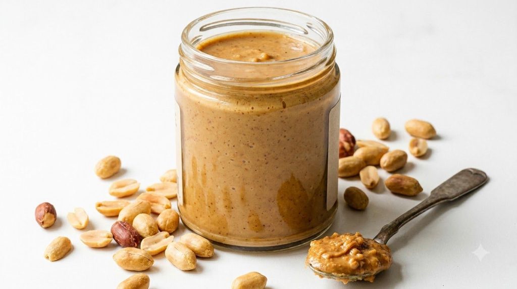 A glass jar of rich creamy peanut stir-fry sauce with roasted peanuts and a spoonful of peanut butter nearby on a white 