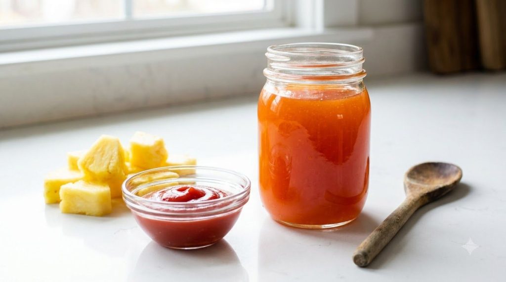 A glass jar of bright orange sweet sour stir-fry sauce surrounded by fresh pineapple chunks and a small bowl of ketchup
