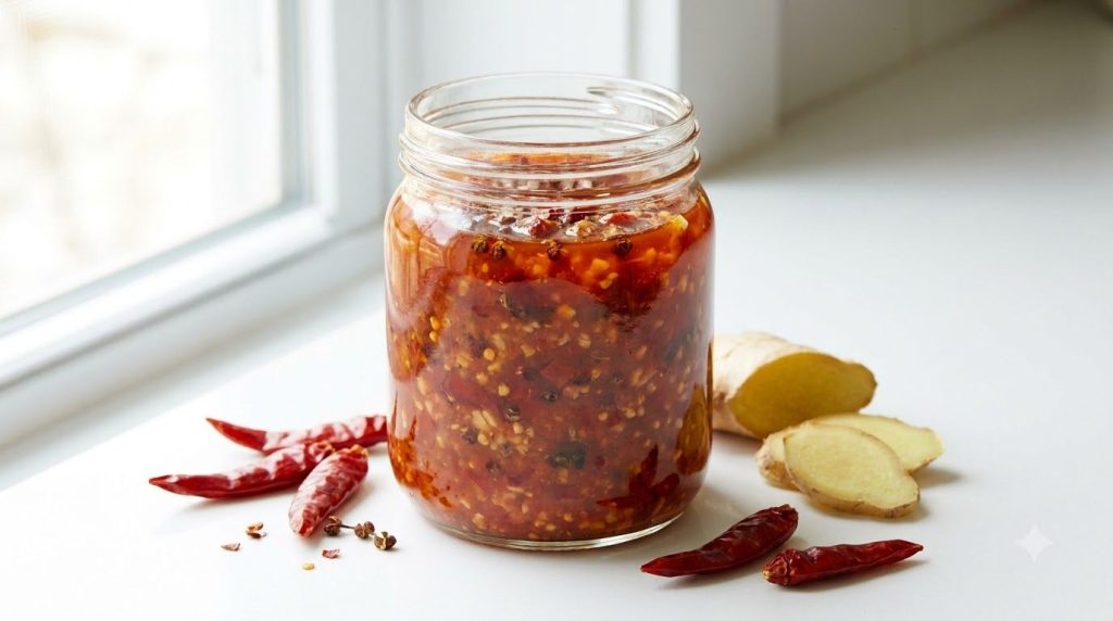 A glass jar of fiery red Szechuan stir-fry sauce with fresh red chili peppers and ginger slices around it on a bright ba