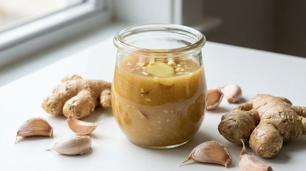 A glass jar of aromatic ginger garlic stir-fry sauce with fresh ginger roots and garlic cloves surrounding it