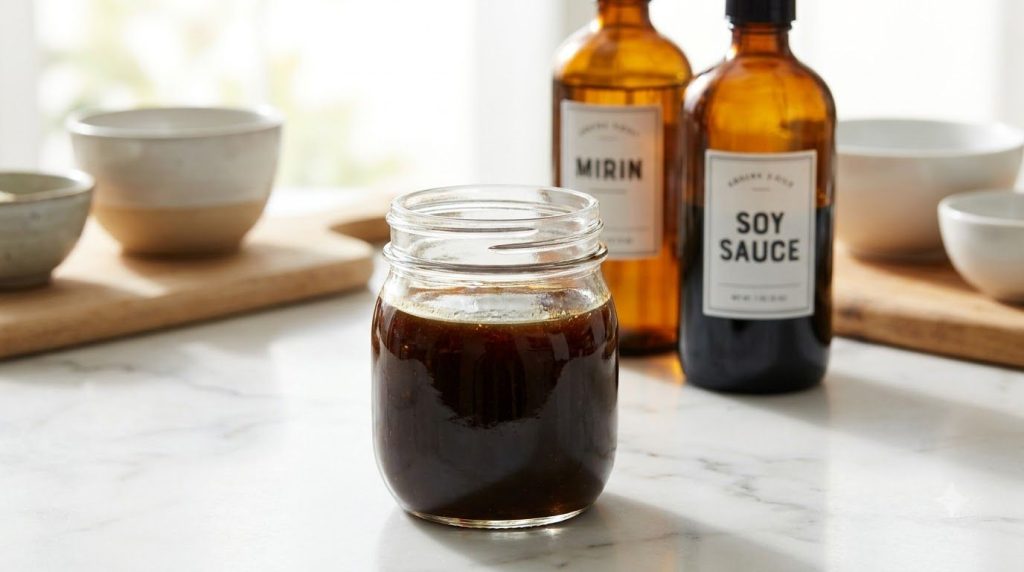 A glass jar of glossy teriyaki stir-fry sauce with mirin and soy sauce bottles in the background on a clean kitchen coun