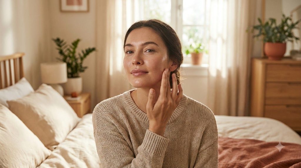 A woman gently touching her face which appears smooth and glowing in a soft naturally lit bedroom setting